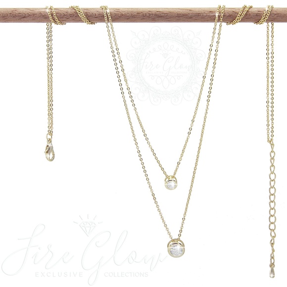 2 Tier Double Round Gems Charm Necklace Gold Tone - Picture 4 of 12